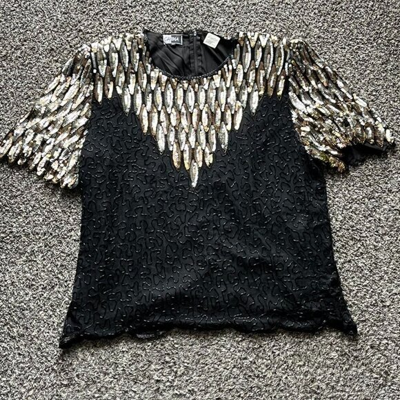Carina Tops - Vintage 80s Carina 100% Silk Top Womens 2X Gold Sequins Whimsigoth Shabby Chic